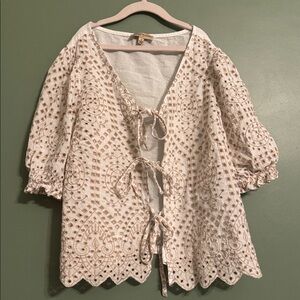 Romantic and Feminine Tie Front Eyelet Blouse small